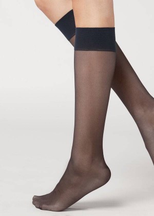 Calzedonia 20 Denier Kompfort Cuff Knee-Highs Long Socken Damen Blau | DE1967ZG