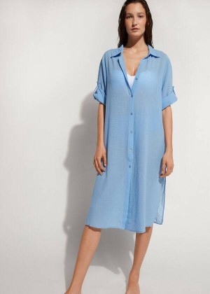 Calzedonia Baumwoll Maxi Shirt Cover-Ups Damen Blau | DE2122LH