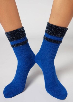 Calzedonia Cashmere Kurzes with Glitter Trim Socken Damen Blau | DE1836LH