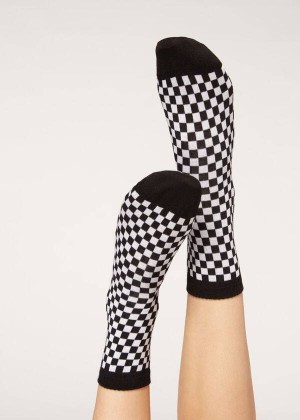 Calzedonia Checkered Pattern Kurzes Socken Damen Schwarz | DE1828AP