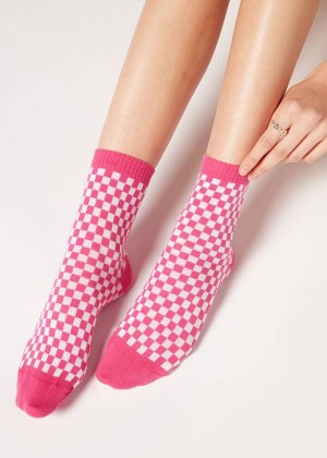 Calzedonia Checkered Pattern Kurzes Socken Damen Rosa | DE1827PQ