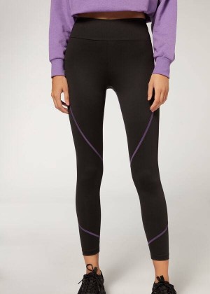 Calzedonia Contrast Seam Performance Turn Leggings Damen Schwarz Lila | DE1556NB