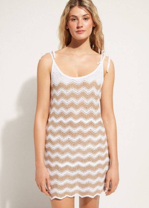 Calzedonia Crochet Kleider with Chevron Motif Cover-Ups Damen Weiß Beige | DE2119HK