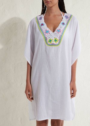 Calzedonia Crochet Neckline Kaftan Cover-Ups Damen Weiß | DE2116DN