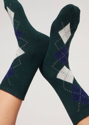 Calzedonia Diamond-Pattern Cashmere Kurzes Socken Damen Olivgrün | DE1785ZG