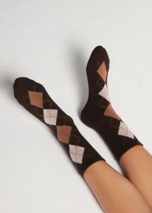 Calzedonia Diamond-Pattern Cashmere Kurzes Socken Damen Kaffee | DE1783KI