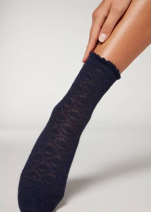 Calzedonia Diamond-Pattern Cashmere Kurzes Socken Damen Navy | DE1777SO