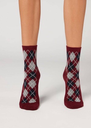 Calzedonia Diamond Pattern Gerippt Kurzes Sport Socken Damen Bordeaux | DE1787CE