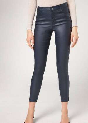 Calzedonia Faux Leder Schlank Jeans Damen Navy Blau | DE1600JJ