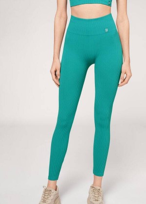 Calzedonia Fine Gerippt Seamless Sport Leggings Damen Türkis | DE1545FM