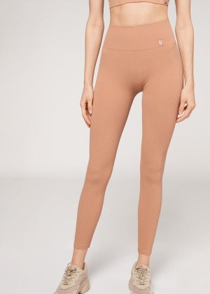 Calzedonia Fine Gerippt Seamless Sport Leggings Damen Beige | DE1540OR