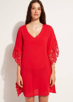 Calzedonia Floral Macramé Spitze Caftan Cover-Ups Damen Rot | DE2111IS