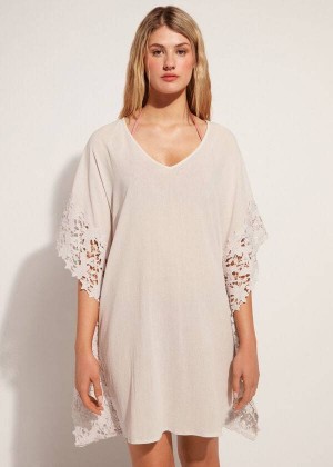 Calzedonia Floral Macramé Spitze Caftan Cover-Ups Damen Beige | DE2110UT