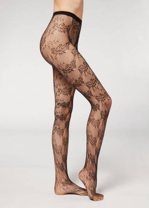 Calzedonia Floral Spitze-Motif Fishnet Patterned Strumpfhose Damen Schwarz | DE3092JJ