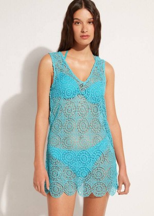 Calzedonia Geometric Crochet Kleider Cover-Ups Damen Türkis | DE2107RW