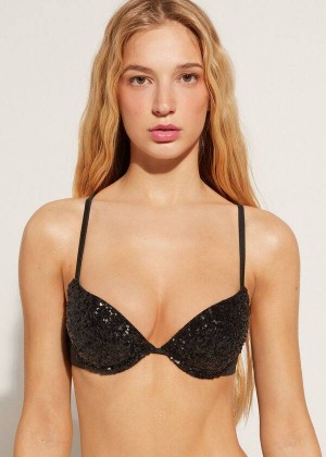 Calzedonia Gepolstert Push-Up Cannes rosa Bikinioberteile Damen Schwarz | DE2348RW