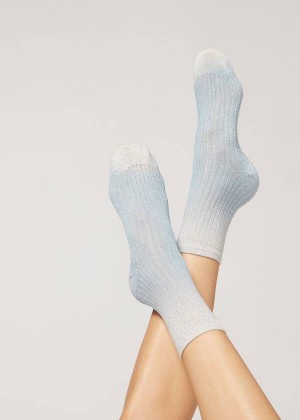 Calzedonia Gerippt Faded Kurzes with Glitter Socken Damen Blau | DE1715WY