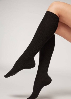 Calzedonia Gerippt Long with Wolle and Cashmere Socken Damen Schwarz | DE1935FM