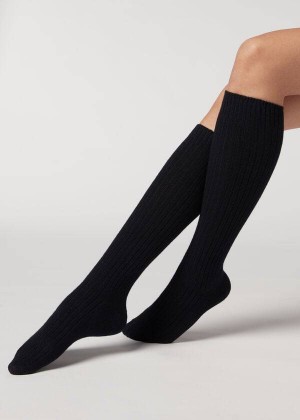 Calzedonia Gerippt Long with Wolle and Cashmere Socken Damen Blau | DE1934DN