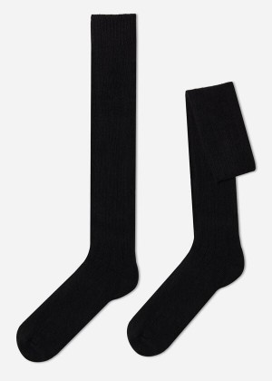 Calzedonia Gerippt Wolle and Cashmere Long Socken Herren Schwarz | DE1413SO