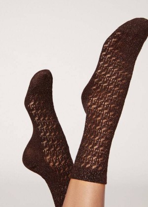 Calzedonia Kurzes Openwork with Glitter Socken Damen Kaffee | DE1685BC