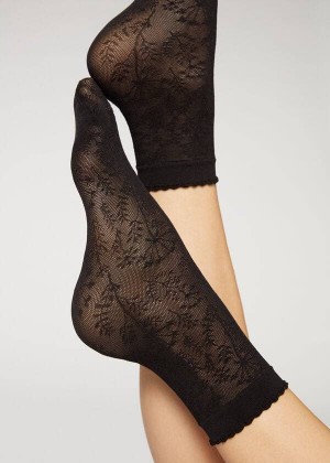 Calzedonia Kurzes in Floral Pattern Mesh Socken Damen Schwarz | DE1687MA