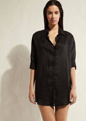 Calzedonia Linen Shirt Cover-Ups Damen Schwarz | DE2099CE