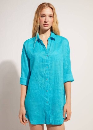 Calzedonia Linen Shirt Cover-Ups Damen Türkis Grün | DE2097ZG