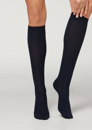 Calzedonia Long Gerippt Cashmere Socken Damen Blau | DE1944VD