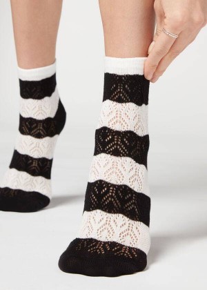 Calzedonia Openwork and Gestreift Kurzes Socken Damen Schwarz | DE1727FM