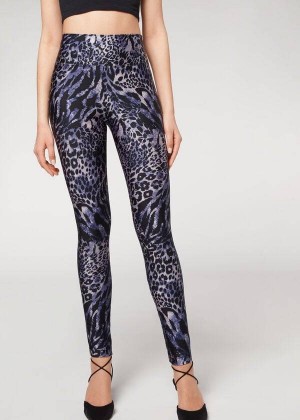 Calzedonia Shiny Animal-Print Turn Leggings Damen Blau Grau | DE1511YU