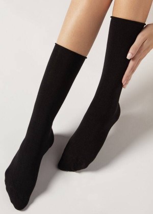 Calzedonia Smooth Baumwoll Mid-Calf Long Socken Damen Schwarz | DE1928UT