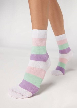 Calzedonia Stripe Patterned Kurzes Socken Damen Weiß | DE1649FM