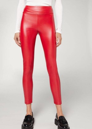 Calzedonia Thermal Leder Effect Leggings Damen Rot | DE1492DN