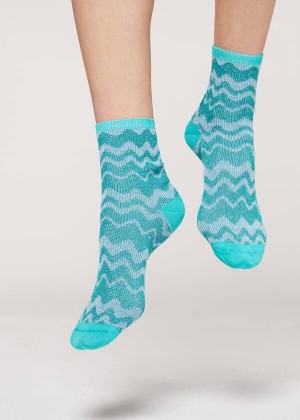 Calzedonia Wave Motif Kurzes with Glitter Socken Damen Türkis | DE1635MA