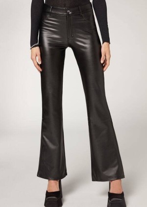 Calzedonia Zip and Button Coated Thermal Flared Leggings Damen Schwarz | DE1479MA