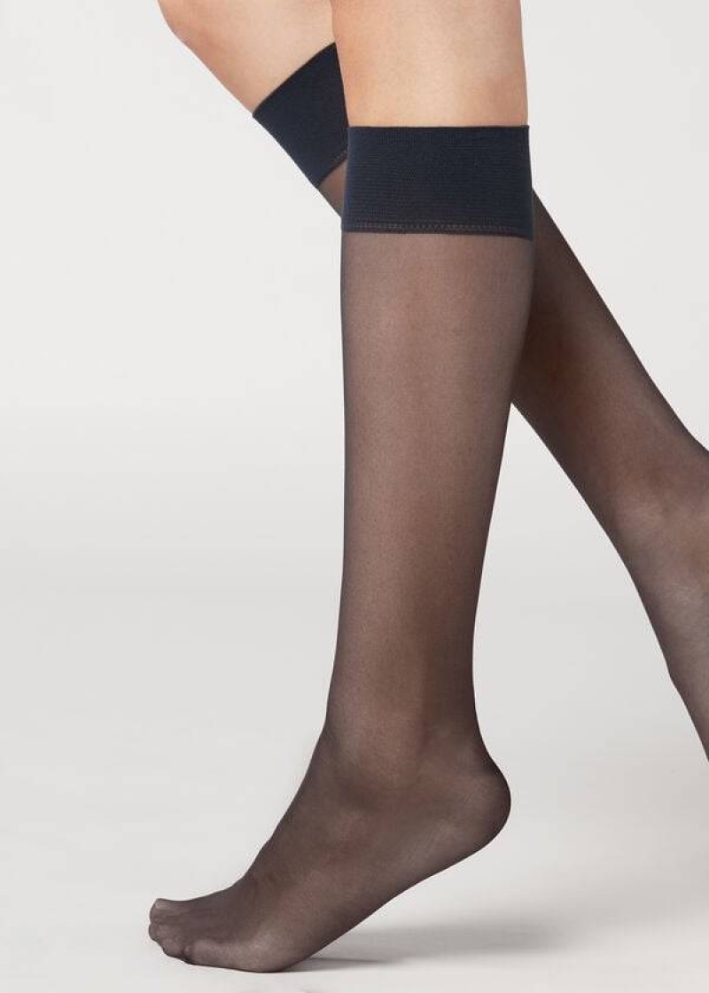 Calzedonia 20 Denier Kompfort Cuff Knee-Highs Sheer Socken Damen Blau | DE1891CE