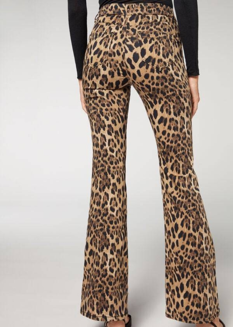 Calzedonia Animal Print Flared Hose Damen Braun | DE1478NB