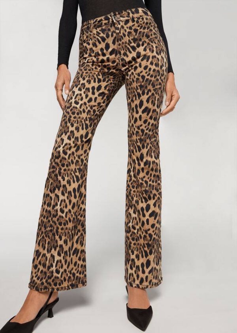 Calzedonia Animal Print Flared Hose Damen Braun | DE1478NB