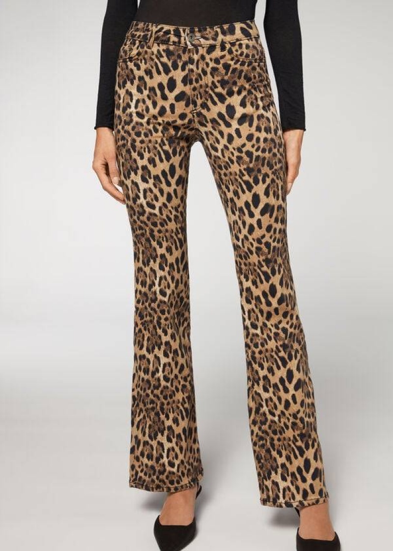 Calzedonia Animal Print Flared Hose Damen Braun | DE1478NB