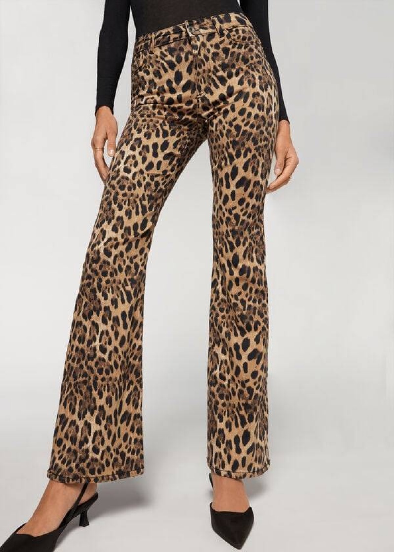 Calzedonia Animal Print Flared Jeans Damen Braun | DE1630XF