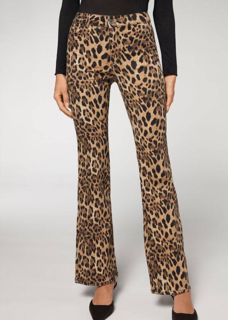 Calzedonia Animal Print Flared Jeans Damen Braun | DE1630XF