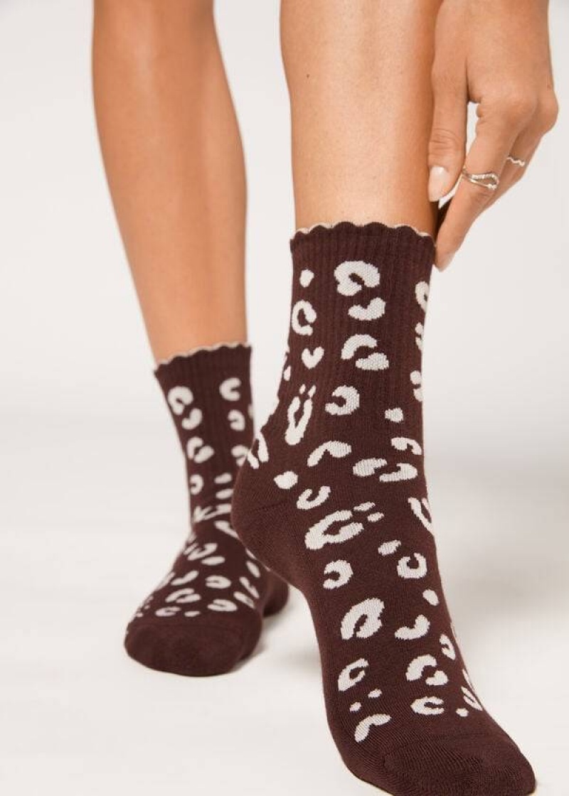 Calzedonia Animal Print Gerippt Kurzes Socken Damen Braun | DE1858GL