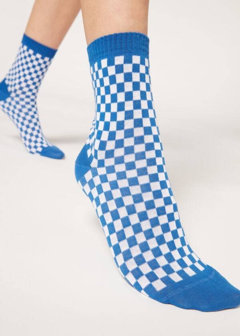 Calzedonia Checkered Pattern Kurzes Socken Damen Blau | DE1826OR