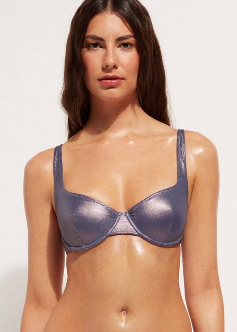 Calzedonia Coated-Effect Balconette Daytona Bikinioberteile Damen Blau | DE2491JJ