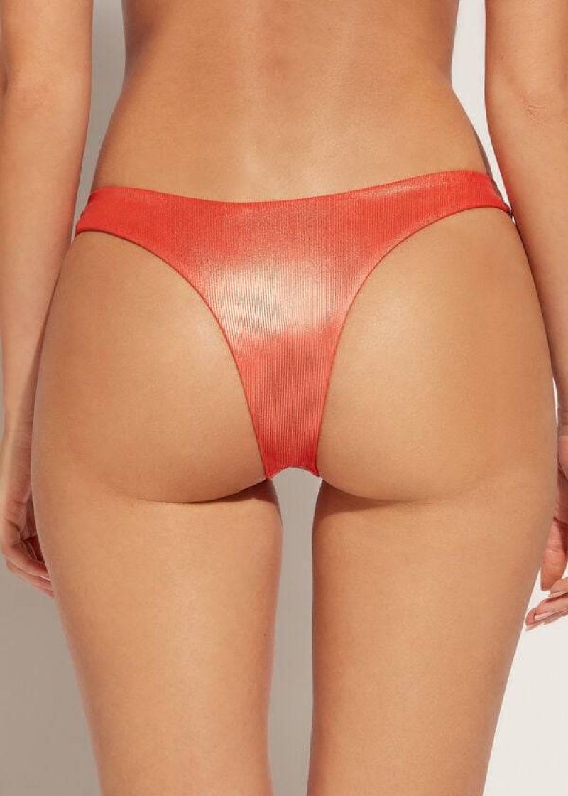 Calzedonia Coated-Effect High-Cut Brazilian Antigua Bikinihosen Damen Koralle Orange | DE2827BC