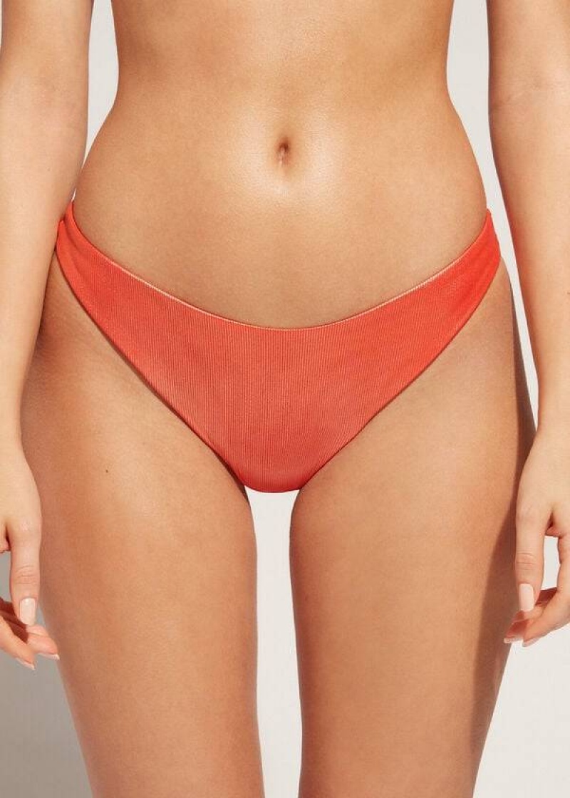 Calzedonia Coated-Effect High-Cut Brazilian Antigua Bikinihosen Damen Koralle Orange | DE2827BC