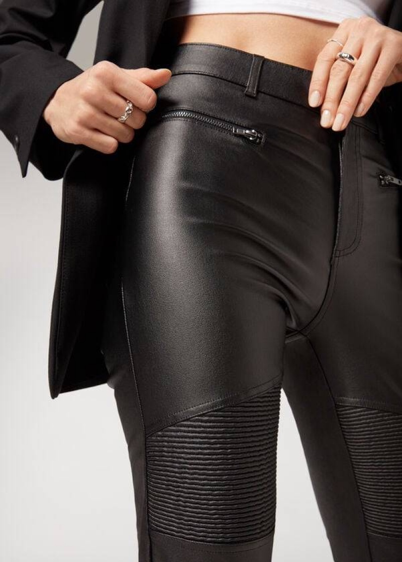 Calzedonia Coated Schlank Biker Hose Damen Schwarz | DE1470JJ