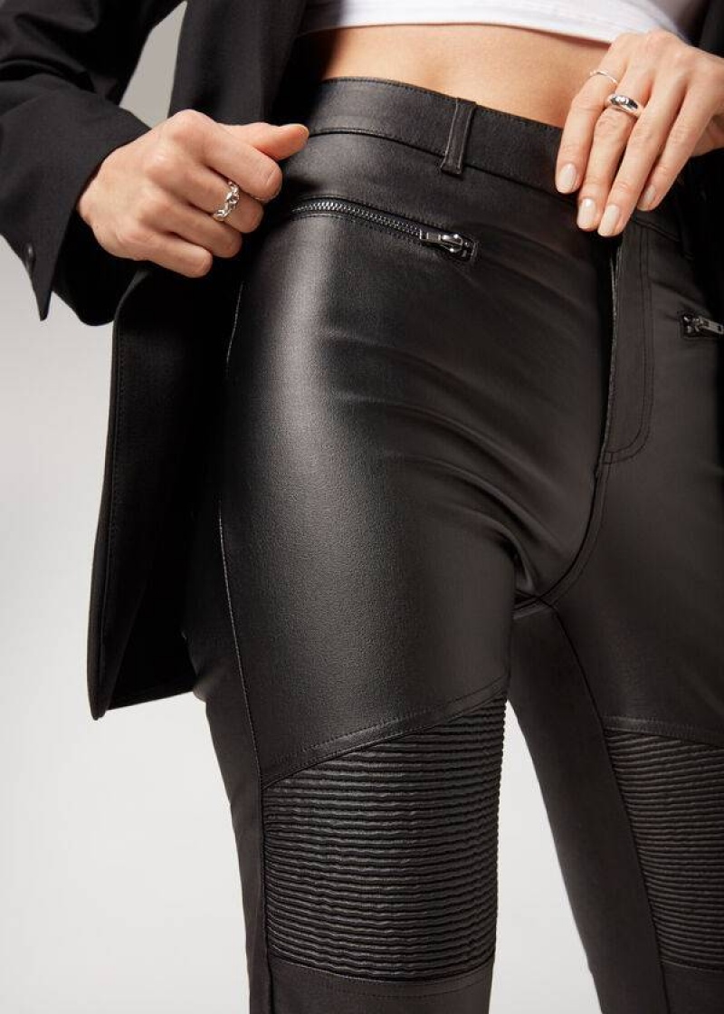 Calzedonia Coated Schlank Biker Leggings Damen Schwarz | DE1562TV