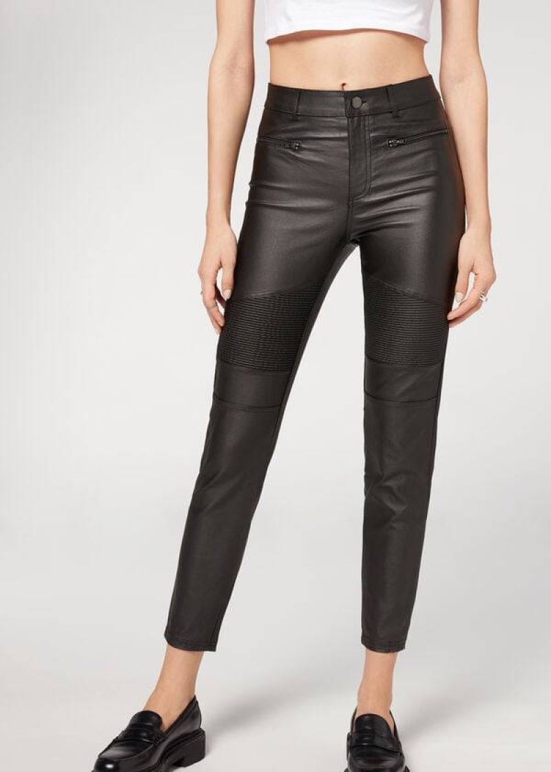 Calzedonia Coated Schlank Biker Leggings Damen Schwarz | DE1562TV